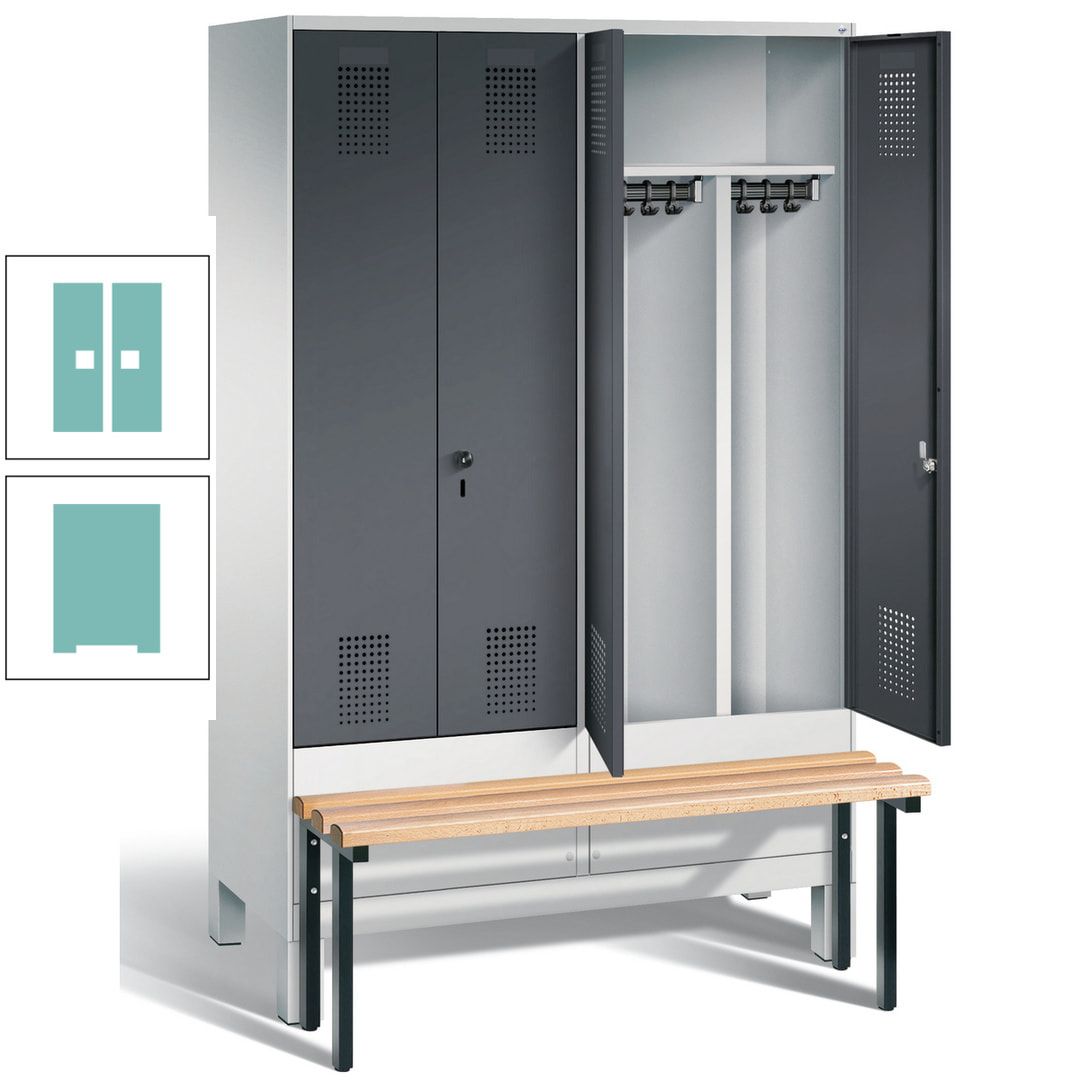 Doppel-Spind, Garderobenschrank, Buche Sitzbank vorgebaut, 4 Abteile a 300 mm, Korpus feuerrot, Tür Wasserblau, 1.850 x 1.200 x 815 mm (HxBxT)