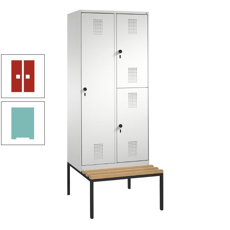 Garderobenschrank, Spind ein- und doppelstöckig Sitzbank, 2 Abteile, 3 Fächer, 2.090 x 800 x 500 mm (HxBxT), Front anthrazitgrau, Korpus anthrazitgrau