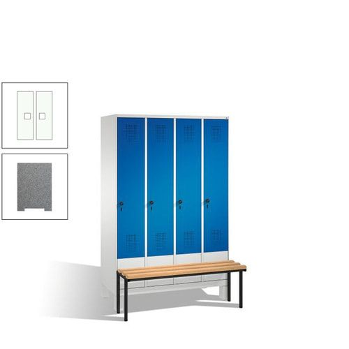 Stahl-Garderobenschrank, Spind, Buche Sitzbank vorgebaut, 4 Abteile a 300 mm, Korpus Lichtgrün, Tür Schwefelgelb, 1.850 x 1.200 x 815 mm (HxBxT)