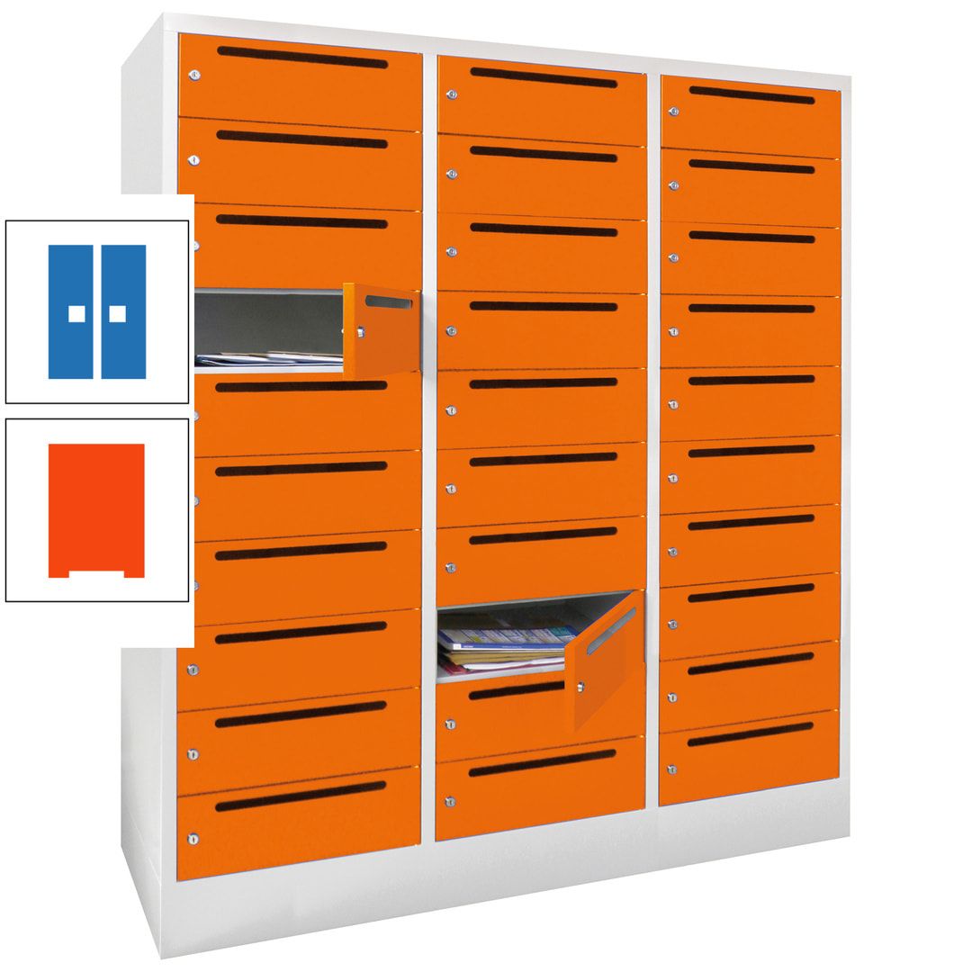 Postverteilerschrank, Schließfachschrank, 3 Abteile a 40 cm, 30 Fächer, 1.850 x 1.200 x 500 mm (HxBxT), Korpus anthrazitgrau, Front anthrazitgrau