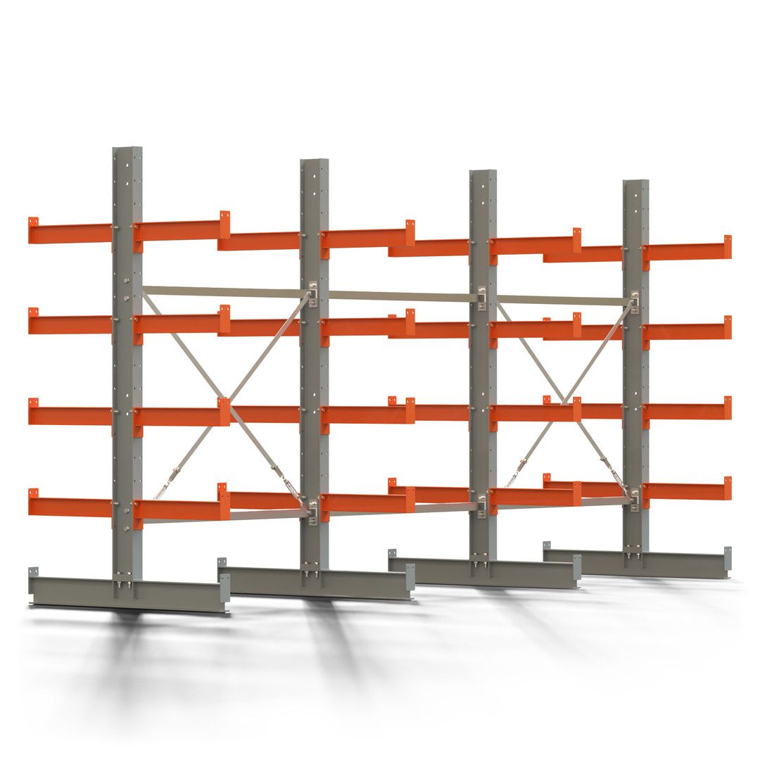 Doppelseitiges Kragarmregal, 2 Felder, 2.000 x 2.560 x 1.120 mm (HxBxT), Nutztiefe 500 mm, Kragarmlast 870 kg, KARL basic, silbergrau/reinorange