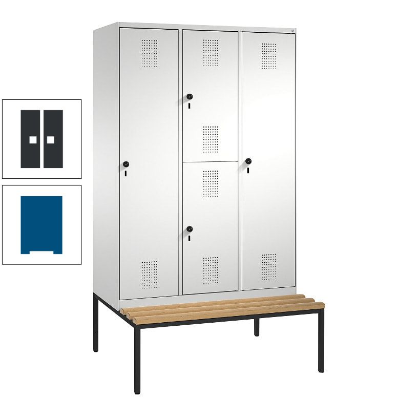 Garderobenschrank, Spind ein- und doppelstöckig Sitzbank, 3 Abteile, 4 Fächer, 2.090x1.200x500 mm (HxBxT), Front anthrazitgrau, Korpus anthrazitgrau