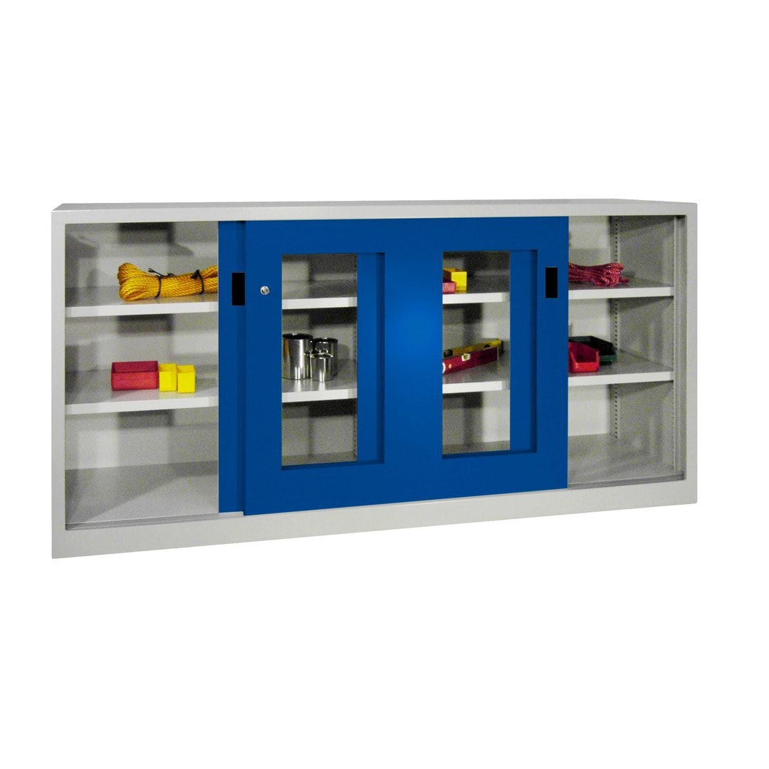 Schiebetürenschrank - Sichtfenstertüren - 1.000x1.500x600 mm (HxBxT) - 4 Böden, verzinkt - Zylinderschloss - anthrazitgrau
