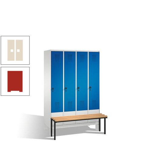 Stahl-Garderobenschrank, Spind, Buche Sitzbank vorgebaut, 4 Abteile a 300 mm, Korpus Lichtgrün, Tür Schwefelgelb, 1.850 x 1.200 x 815 mm (HxBxT)