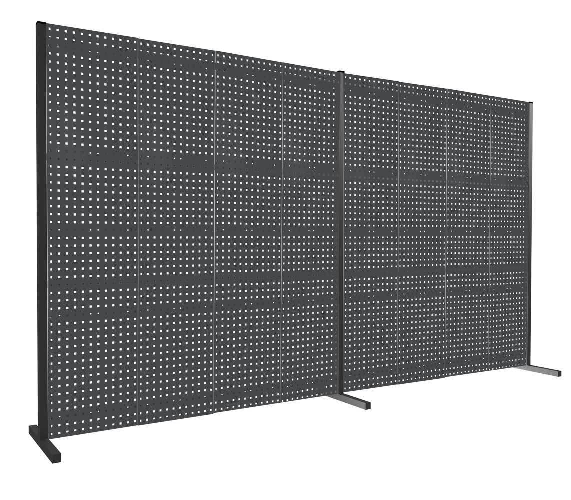 Modulare Trennwand, Werkzeugwand, Doppelfeld 180 Grad, 6 Lochplatten, Plattenhöhe 1.500 mm, 2.000 x 3.000 mm (HxB), Anthrazitgrau (RAL 7016)