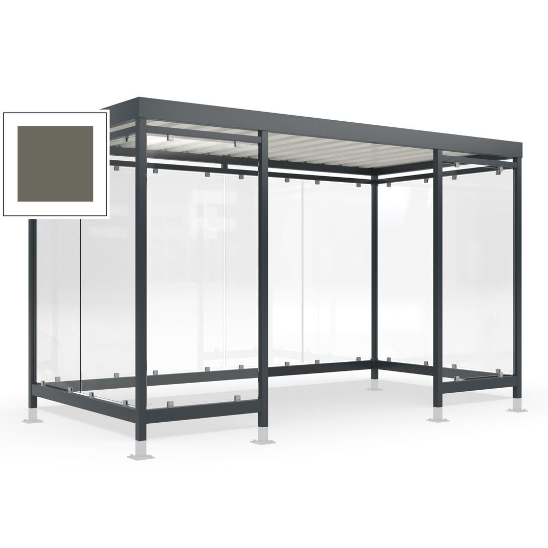 Raucherunterstand für 12-13 Personen, Bushaltestelle, mit Überpflasterung, 2.440 x 4.195 x 2.165 mm (HxBxT), 10 Wände, Achatgrau