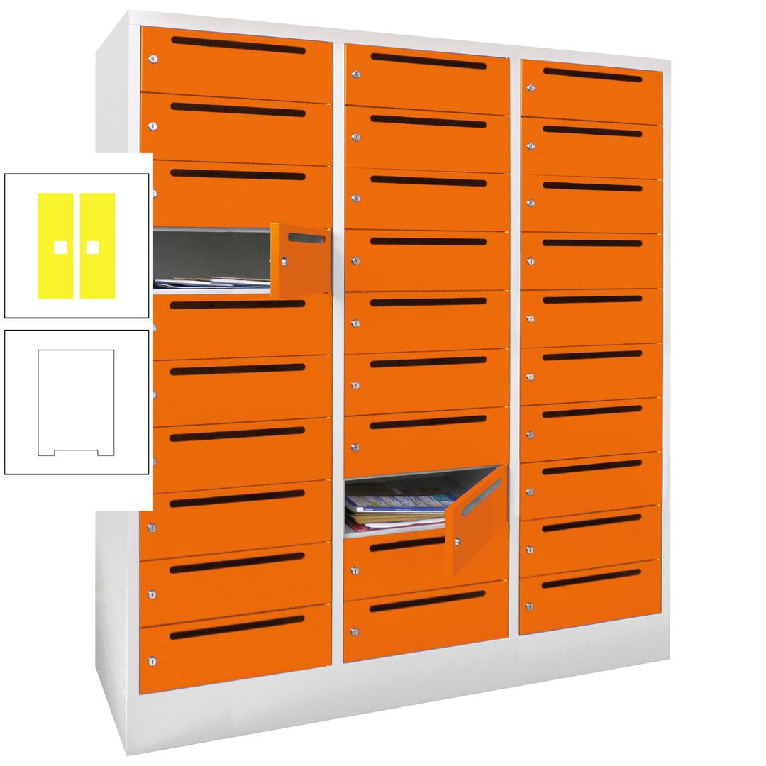 Postverteilerschrank, Schließfachschrank, 3 Abteile a 40 cm, 30 Fächer, 1.850 x 1.200 x 500 mm (HxBxT), Korpus anthrazitgrau, Front anthrazitgrau