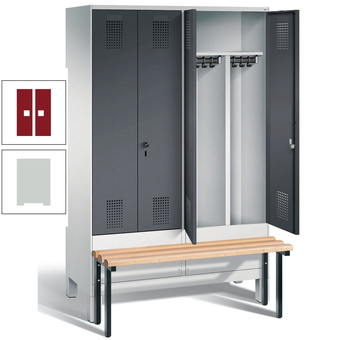 Doppel-Spind, Garderobenschrank, Buche Sitzbank vorgebaut, 4 Abteile a 300 mm, Korpus feuerrot, Tür Wasserblau, 1.850 x 1.200 x 815 mm (HxBxT)
