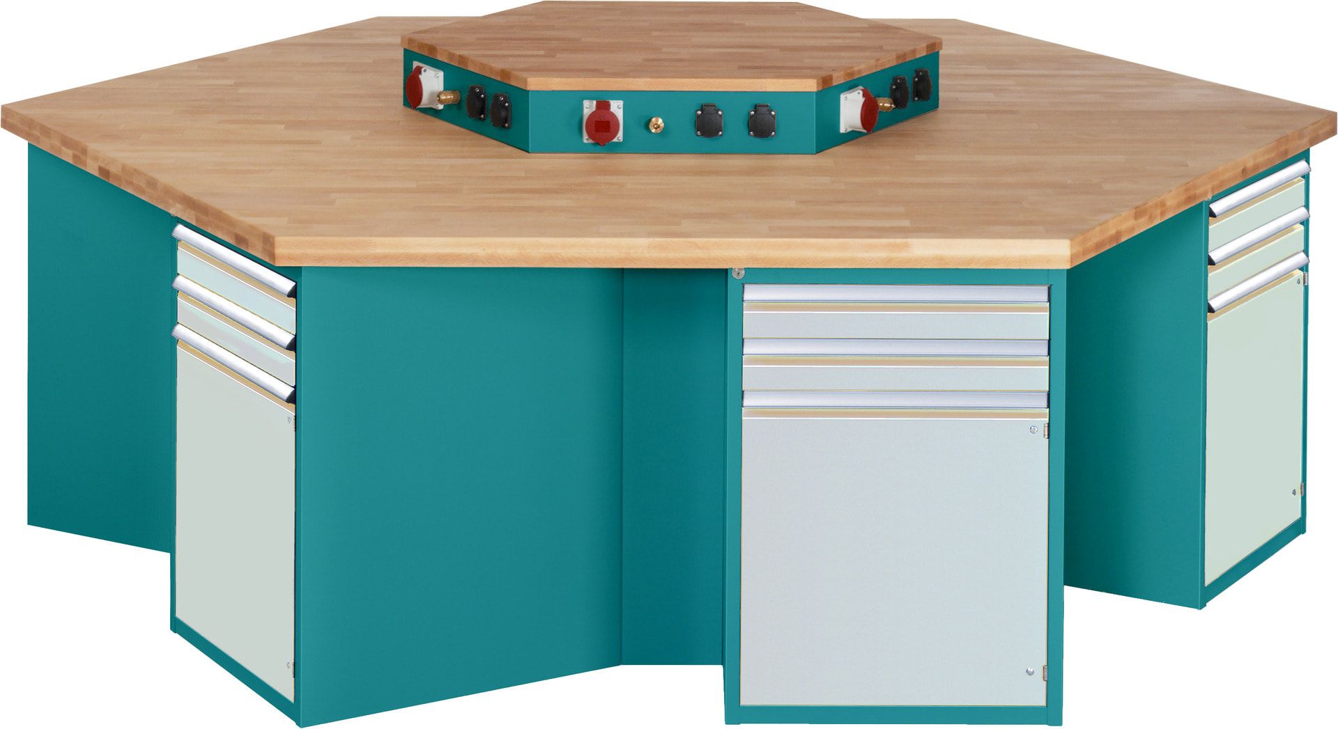 Gruppenwerkbank, Buche, Höhe 840 mm, mit Energieaufsatz, Unterbau-Container, 2 Schubladen, 1 Tür, 1 Boden - Anthrazitgrau