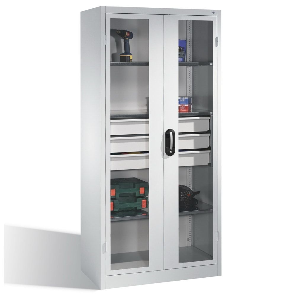 C+P Großraum Werkzeugschrank mit Sichtfenstertüren, 3 Fachböden, 3 Schubladen mittig, Farbe lichtgrau, 1.950 x 930 x 500 (HxBxT)
