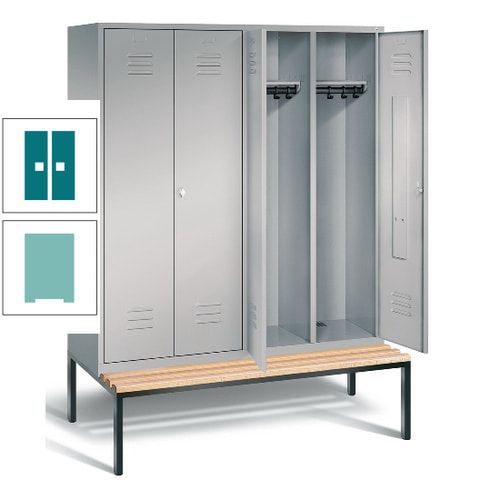Doppel-Spindschrank, Buche Sitzbank untergebaut, 4 Abteile a 400 mm, Korpus lichtgrau, Tür anthrazitgrau, 2.090 x 1.590 x 815 mm (HxBxT)