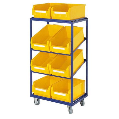 Kommissionierwagen für Sichtlagerkästen, Traglast 230 kg, Ladefläche 480 x 645 mm, 4 Etagen, inkl. 2 schräge Fachböden, Farbe enzianblau