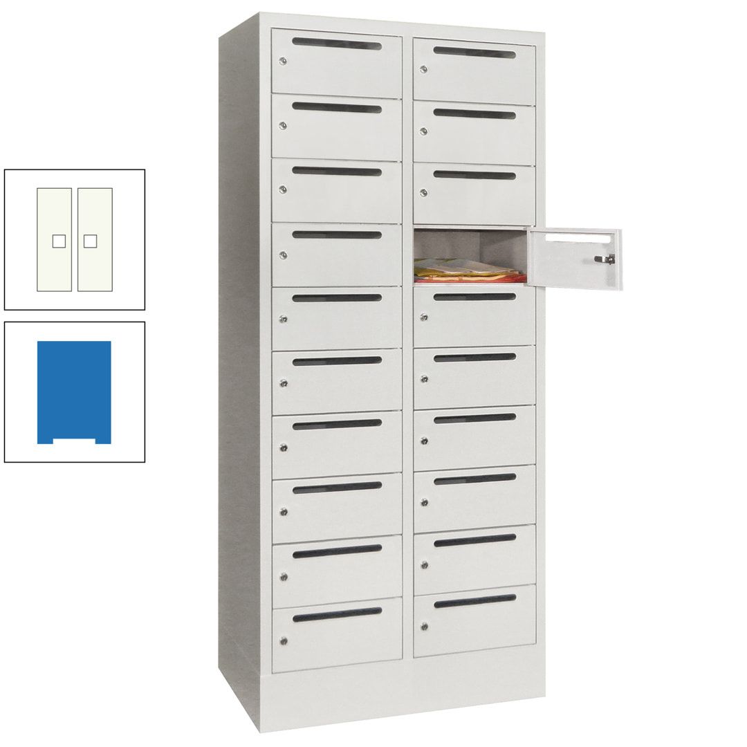 Postverteilerschrank, Schließfachschrank, 2 Abteile a 400 mm, 20 Fächer, 1.850 x 800 x 500 mm (HxBxT), Korpus anthrazitgrau, Front anthrazitgrau