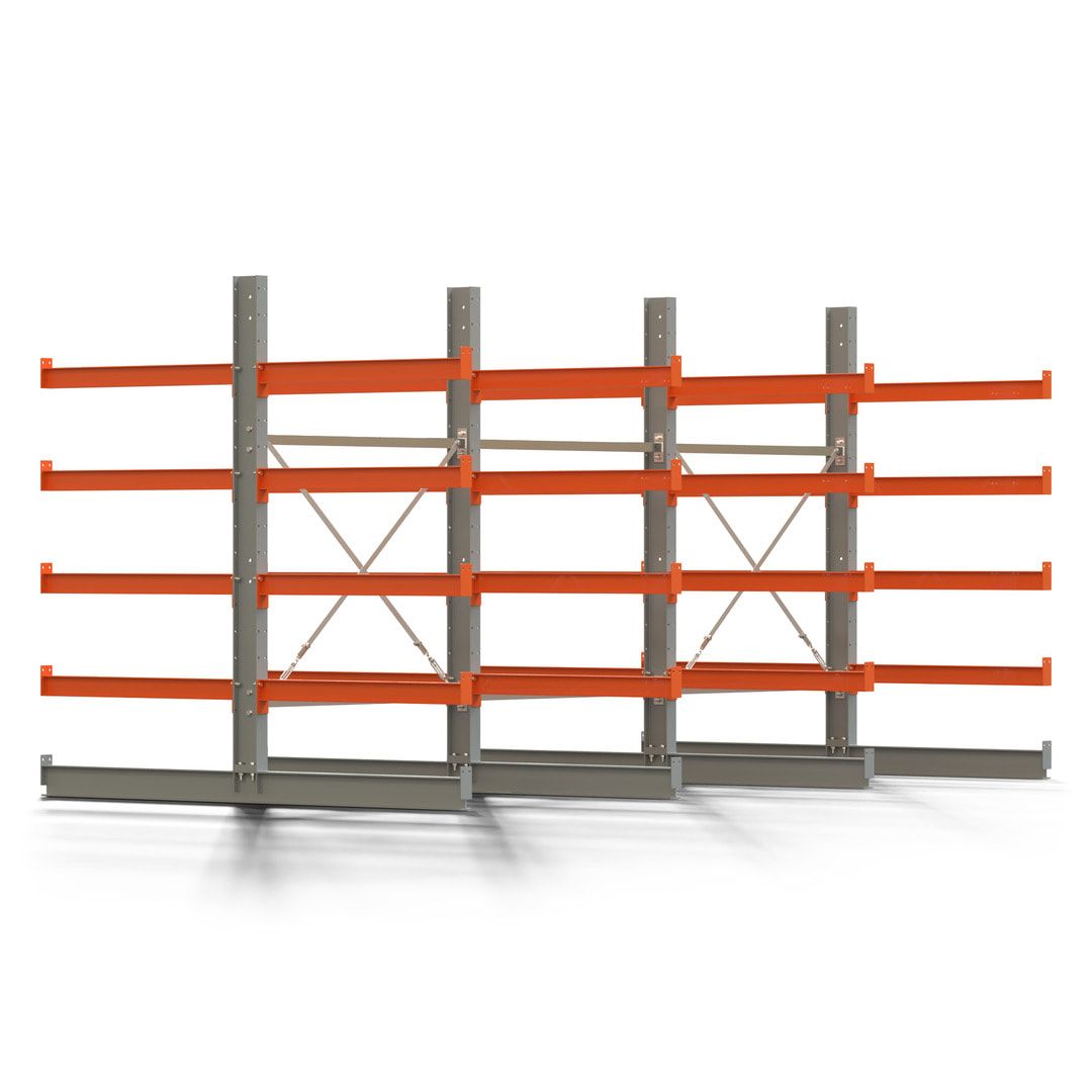 Doppelseitiges Kragarmregal, 2 Felder, 2.000 x 2.560 x 1.120 mm (HxBxT), Nutztiefe 500 mm, Kragarmlast 870 kg, KARL basic, silbergrau/reinorange