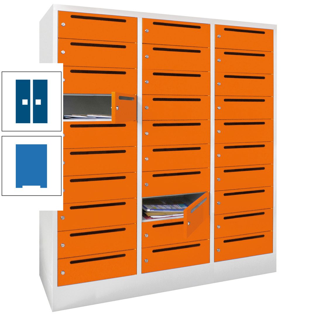Postverteilerschrank, Schließfachschrank, 3 Abteile a 40 cm, 30 Fächer, 1.850 x 1.200 x 500 mm (HxBxT), Korpus anthrazitgrau, Front anthrazitgrau