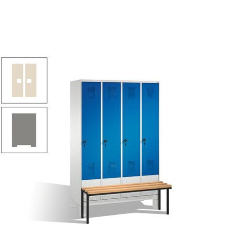 Stahl-Garderobenschrank, Spind, Buche Sitzbank vorgebaut, 4 Abteile a 300 mm, Korpus Lichtgrün, Tür Schwefelgelb, 1.850 x 1.200 x 815 mm (HxBxT)