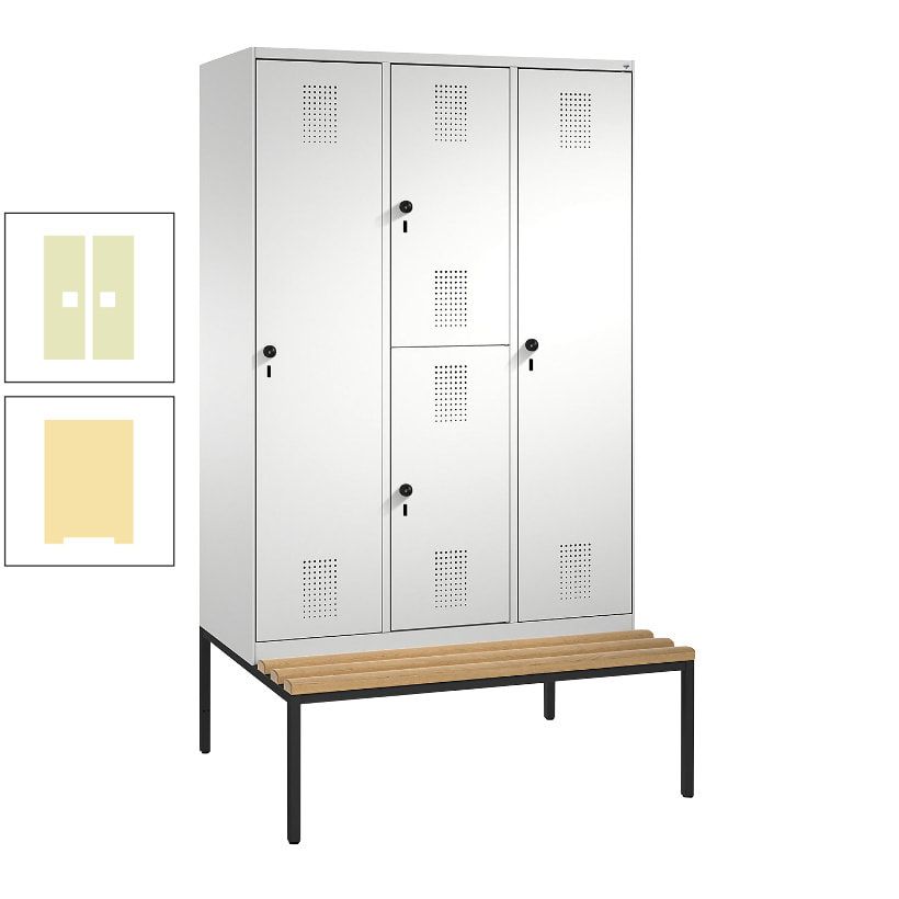 Garderobenschrank, Spind ein- und doppelstöckig Sitzbank, 3 Abteile, 4 Fächer, 2.090x1.200x500 mm (HxBxT), Front anthrazitgrau, Korpus anthrazitgrau
