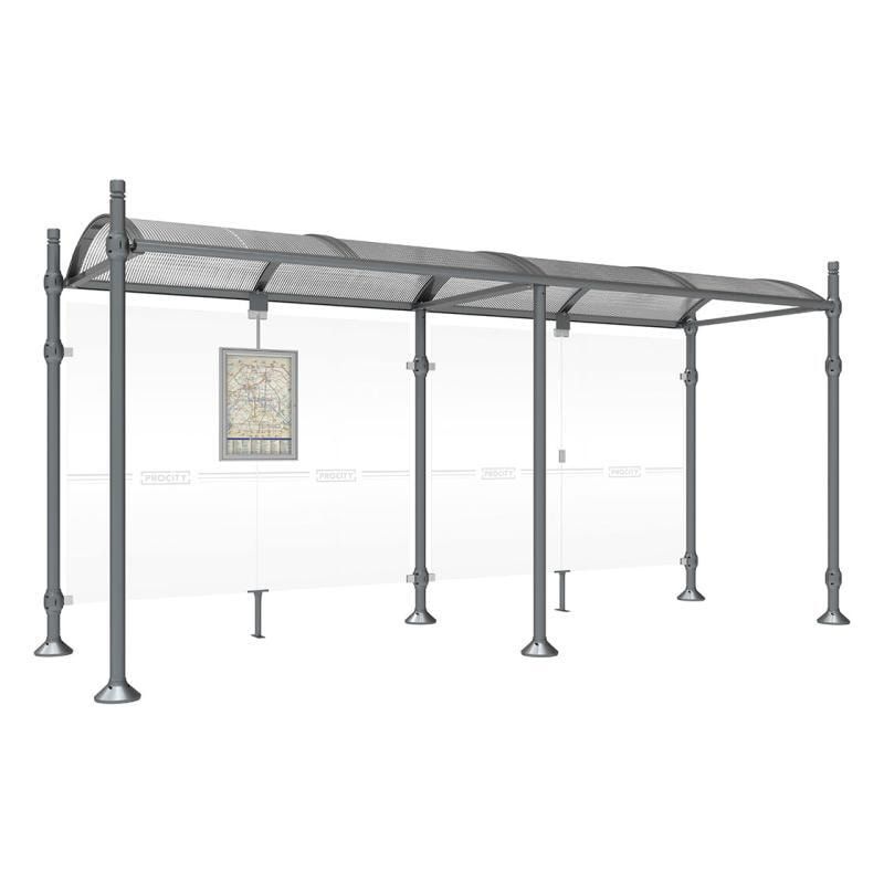 Buswartehalle, Unterstand, 2.500 x 2.500 x 1.600 mm (HxBxT), Kopfmodell Agora, ESG, Fahrplanschaukasten, Farbe enzianblau