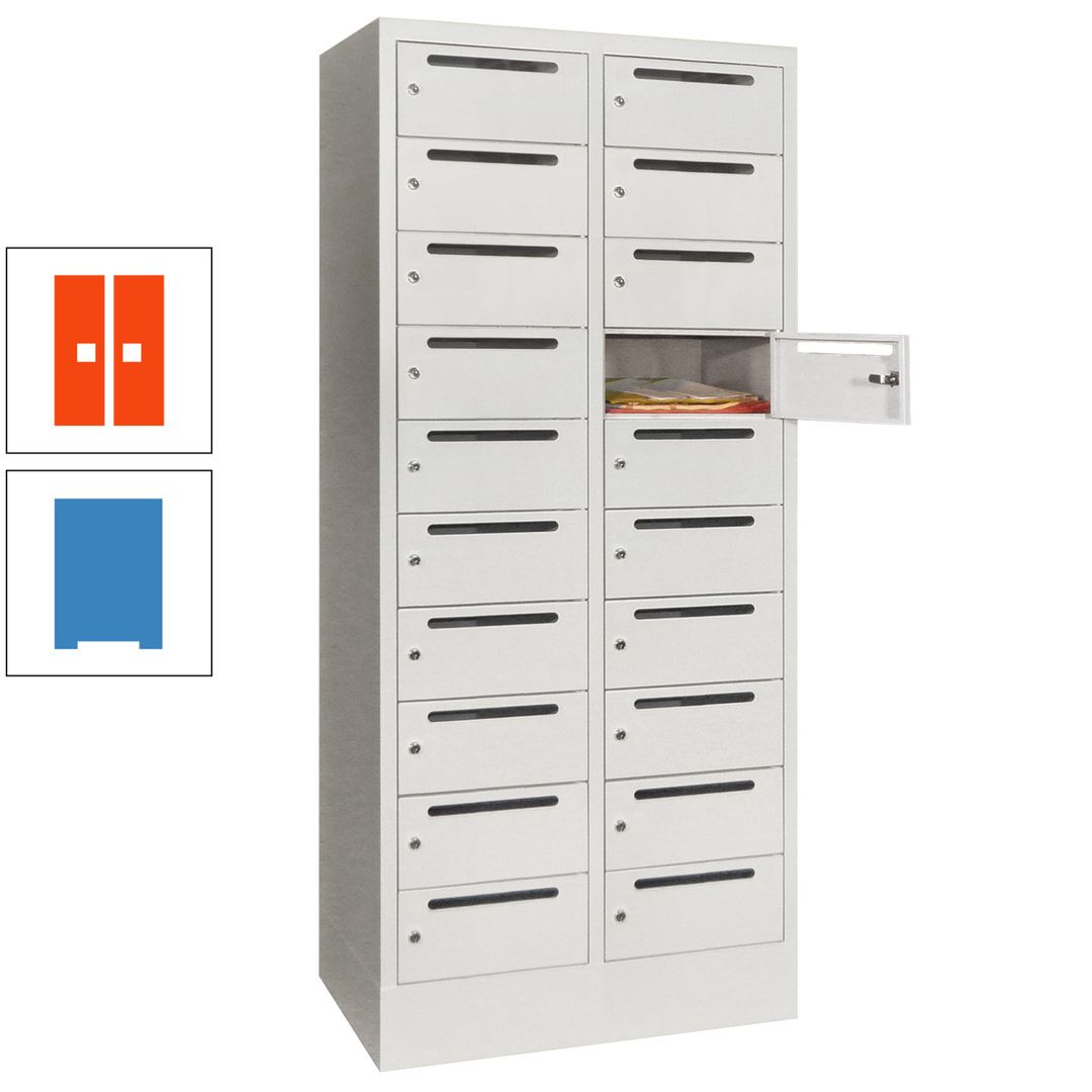 Postverteilerschrank, Schließfachschrank, 2 Abteile a 400 mm, 20 Fächer, 1.850 x 800 x 500 mm (HxBxT), Korpus anthrazitgrau, Front anthrazitgrau