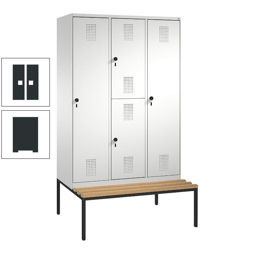 Garderobenschrank, Spind ein- und doppelstöckig Sitzbank, 3 Abteile, 4 Fächer, 2.090x1.200x500 mm (HxBxT), Front anthrazitgrau, Korpus anthrazitgrau