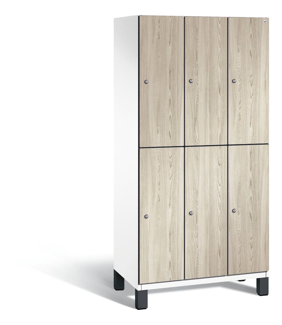 Fächerschrank, Garderobenschrank, mit Füßen, 3 Abteile, 1.980 x 900 x 525 mm (HxBxT), Korpus anthrazitgrau, Tür Donau-Ahorn
