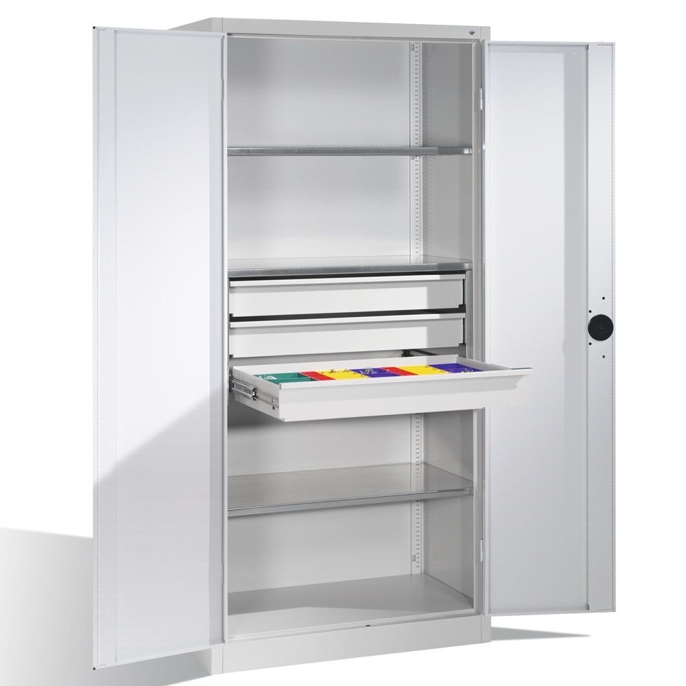 C+P Schwerlastschrank Werkzeugschrank Maschinenschrank, 4 Fachböden, 3 Schubladen mittig, Farbe lichtgrau/lichtblau, 1.950 x 930 x 500 (HxBxT)