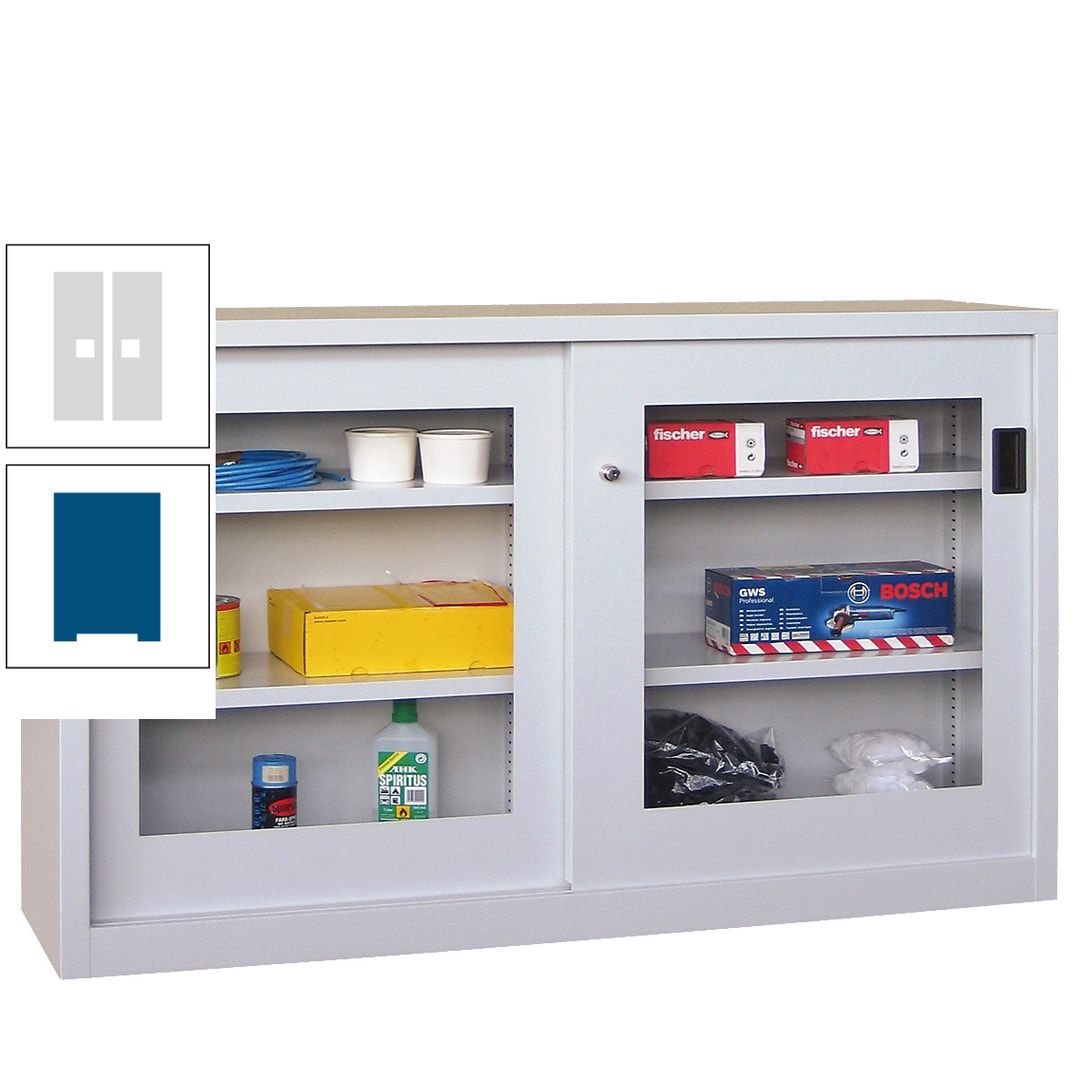 Schiebetürenschrank - Sichtfenstertüren - 1.000x1.500x600 mm (HxBxT) - 4 Böden, verzinkt - Zylinderschloss - anthrazitgrau