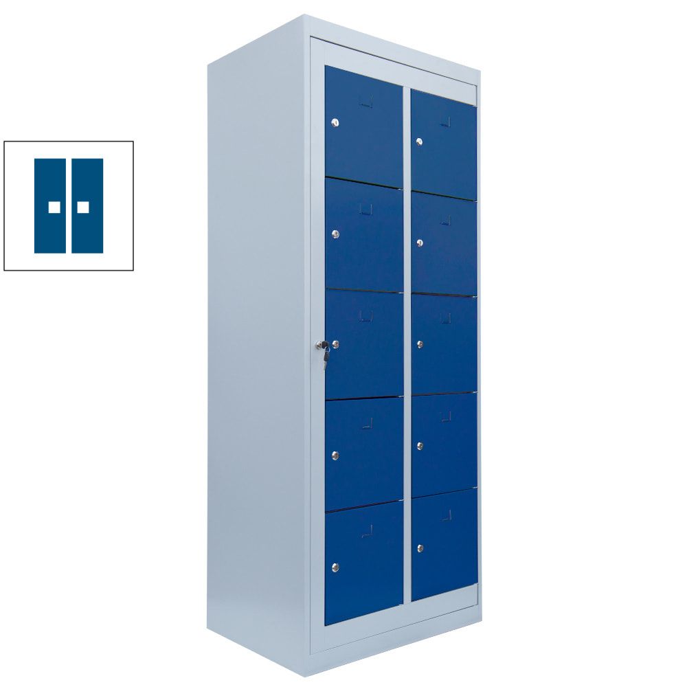 Verteilerschrank, Ausgabeschrank, Fächerschrank, Zentraltür, 2 Abteile, 10 Fächer, 1.800 x 740 x 500 mm (HxBxT), Korpus lichtgrau, Front enzianblau