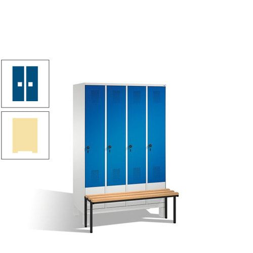 Stahl-Garderobenschrank, Spind, Buche Sitzbank vorgebaut, 4 Abteile a 300 mm, Korpus Lichtgrün, Tür Schwefelgelb, 1.850 x 1.200 x 815 mm (HxBxT)