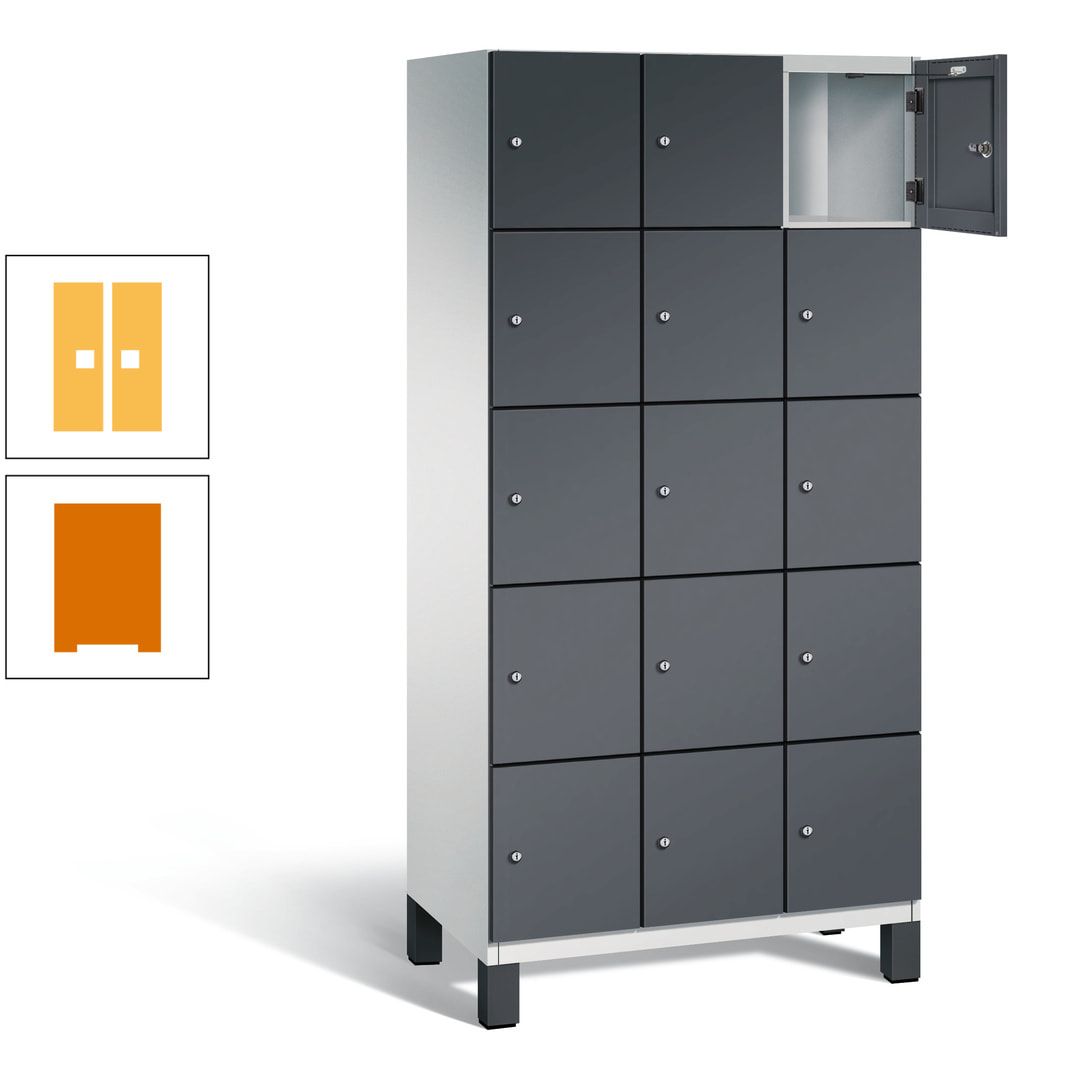 Fächerschrank, Stahlschrank, 15 Fächer, Türöffnungsbegrenzer, Füße, 1.980 x 900 x 525 mm (HxBxT), Korpus anthrazitgrau, Front anthrazitgrau