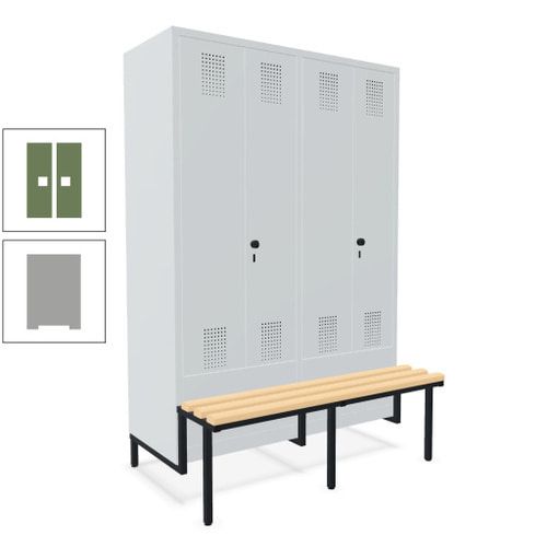Doppel-Spind, Garderobenschrank, Buche Sitzbank integriert, 4 Abteile 300 mm, Korpus anthrazitgrau, Tür anthrazitgrau, 1.850 x 1.200 x 815 mm (HxBxT)