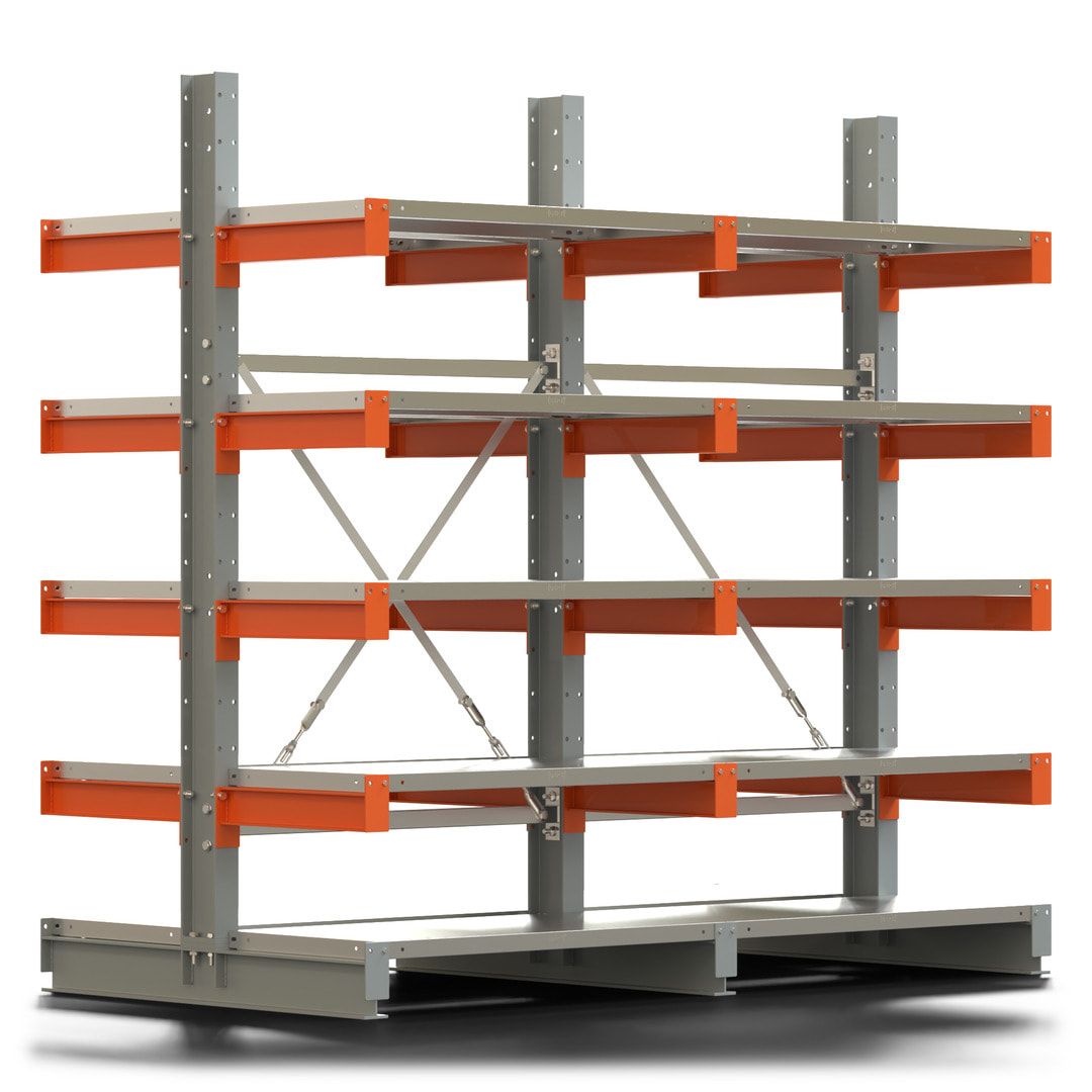 Doppelseitiges Kragarmregal mit Fachböden, 2 Felder, 2.000 x 2.000 (HxB), Nutztiefe 1.000 mm, Kragarmlast 450 kg, KARL basic, silbergrau/reinorange