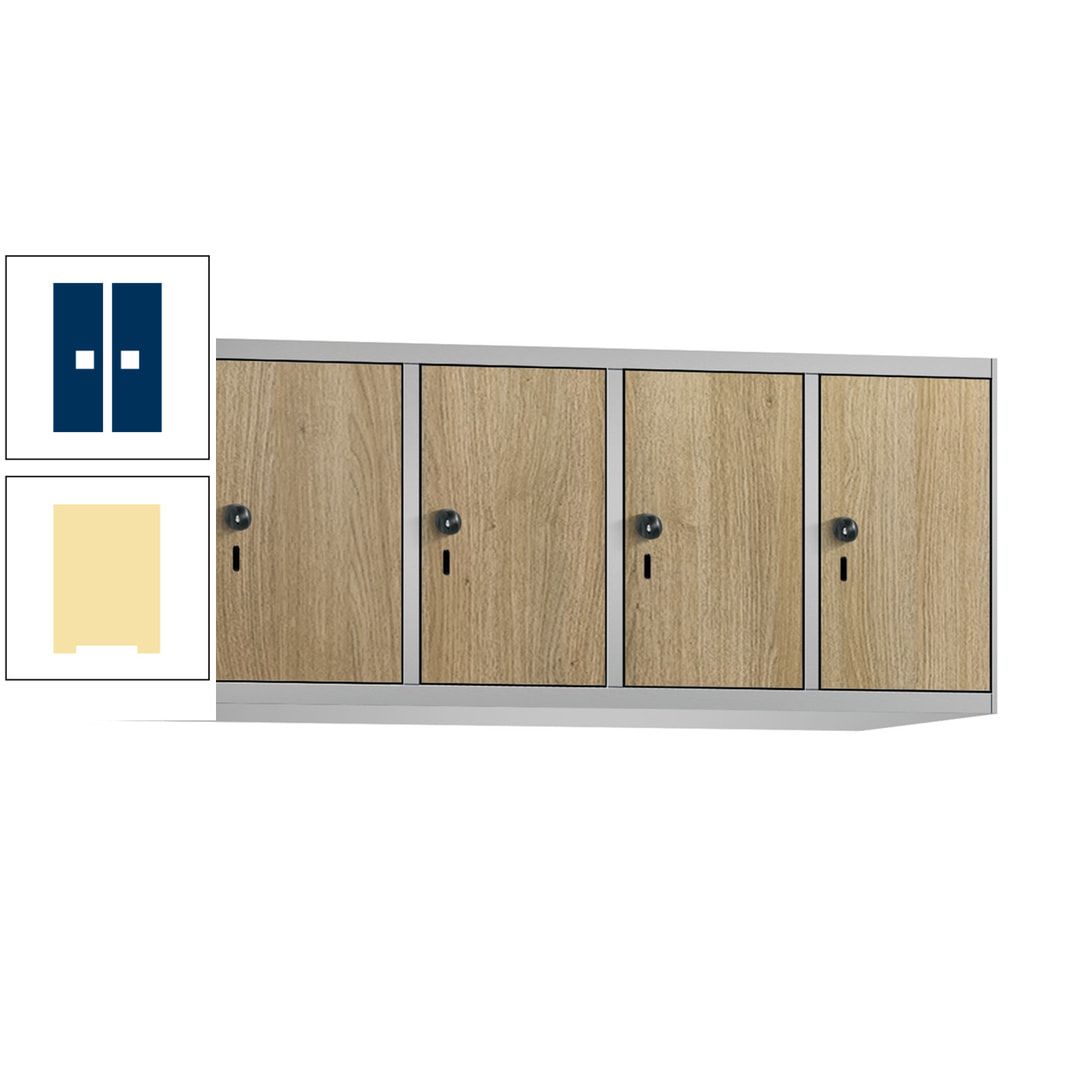 Aufsatzschrank, Schrankaufsatz, 4 Fächer a 300 mm, Farbe Pastellgelb, Tür anthrazitgrau, 500 x 1.200 x 500 mm (HxBxT)