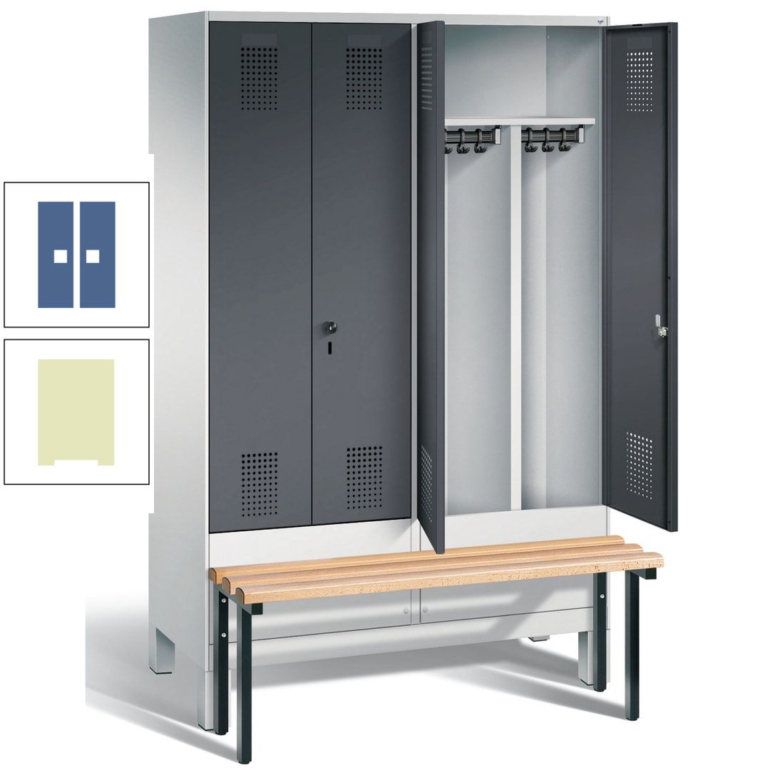 Doppel-Spind, Garderobenschrank, Buche Sitzbank vorgebaut, 4 Abteile a 300 mm, Korpus feuerrot, Tür Wasserblau, 1.850 x 1.200 x 815 mm (HxBxT)