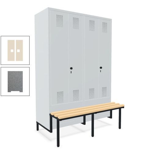 Doppel-Spind, Garderobenschrank, Buche Sitzbank integriert, 4 Abteile 300 mm, Korpus anthrazitgrau, Tür anthrazitgrau, 1.850 x 1.200 x 815 mm (HxBxT)