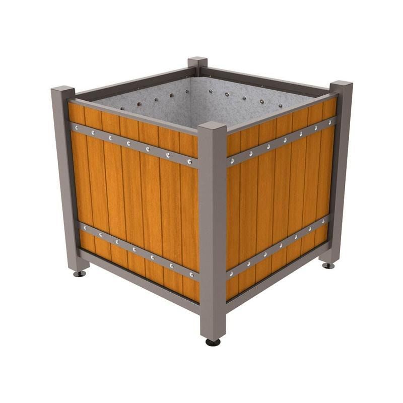 Pflanzbehälter, Pflanzgefäß, verzinkt, Eichenholzverkleidung, innen feuerverzinkt mit Verladungsgriffen, 1.085 x 1.230 x 1.230 mm (HxBxT), enzianblau