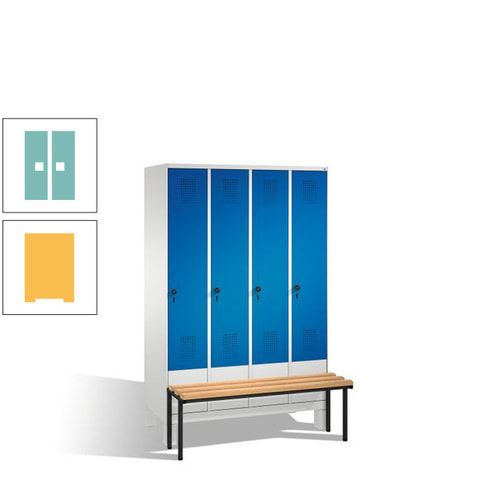 Stahl-Garderobenschrank, Spind, Buche Sitzbank vorgebaut, 4 Abteile a 300 mm, Korpus Lichtgrün, Tür Schwefelgelb, 1.850 x 1.200 x 815 mm (HxBxT)
