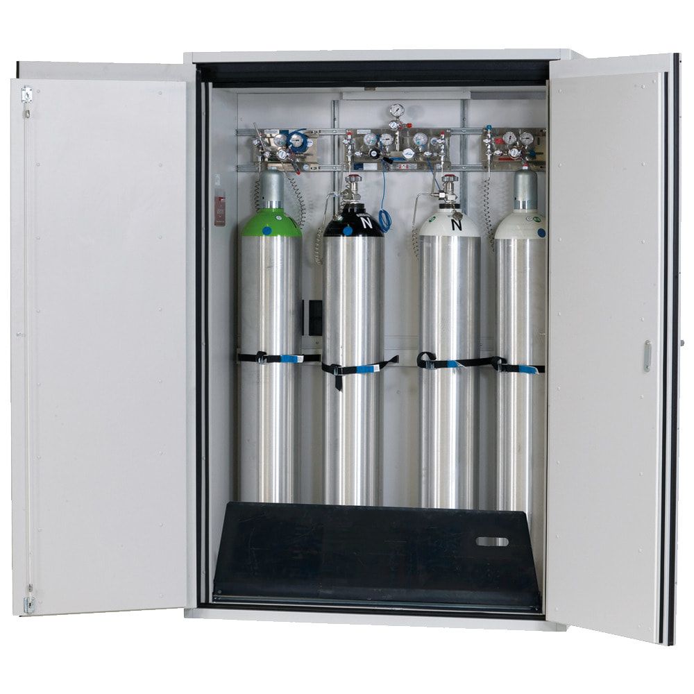 Druckgasflaschenschrank, Gasflaschenschrank, für 1 x 50 l Gasflasche, Schutzgas, Feuerwiderstand G90, 2.050 x 598 x 615 mm, lichtgrau