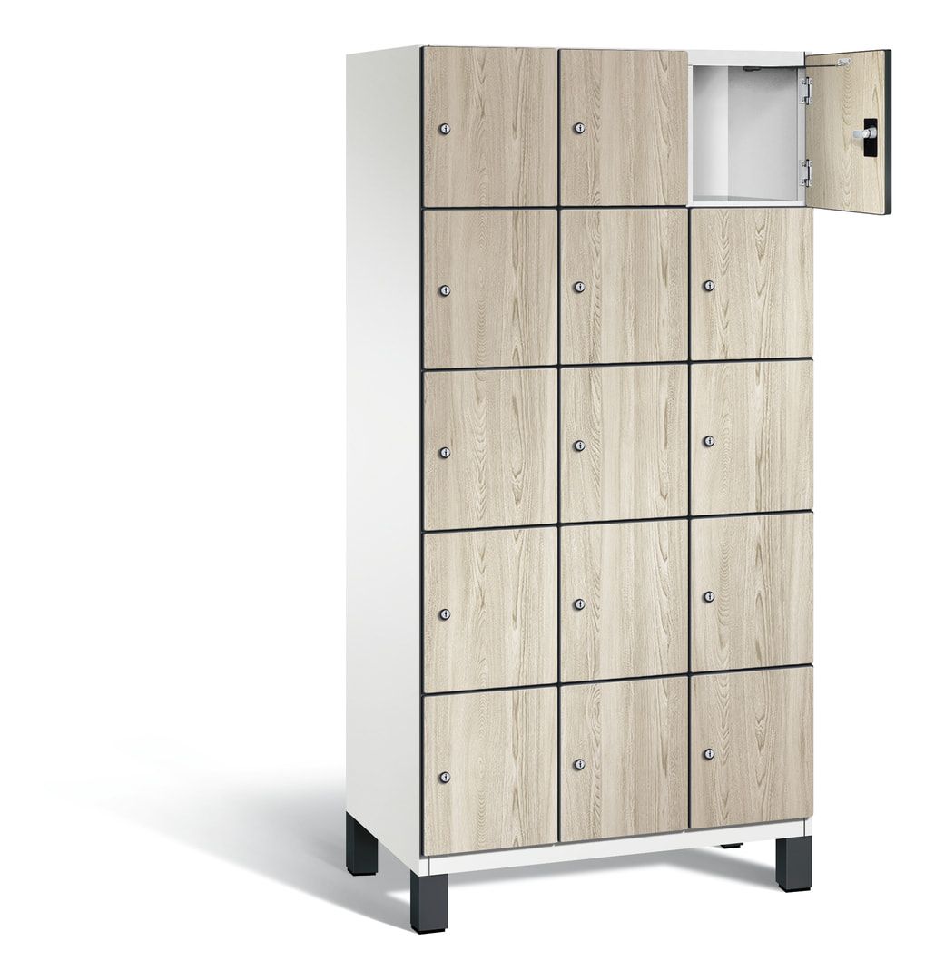 Fächerschrank, Stahlschrank, 15 Fächer, Türöffnungsbegrenzer, Füße, 1.980 x 900 x 525 mm, Korpus anthrazitgrau, Dekorfront HPL Donau-Ahorn