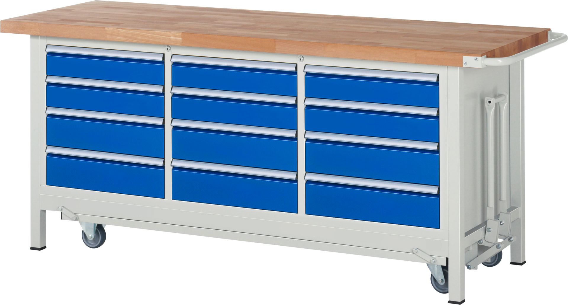 Mobile absenkbare Werkbank, 12 Schubladen - Teilauszug - 120:6/150:6 - 880 x 2.000 x 700 mm (HxBxT) - 1,25 t - Buche - Anthrazitgrau