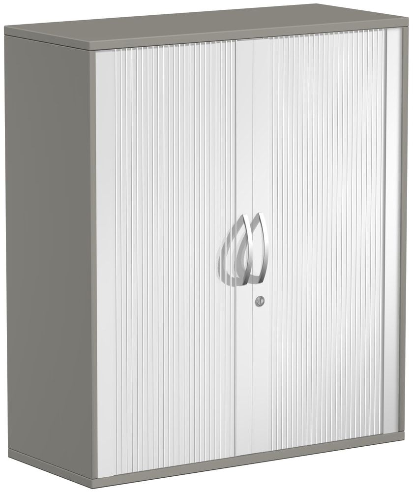 Querrollladenschrank, Dekoreinlageboden, Metallsockel/Standfüße, abschließbar, 1.152 x 1.000 x 425 mm (HxBxT), Korpusfarbe Ahorn, Frontfarbe silber