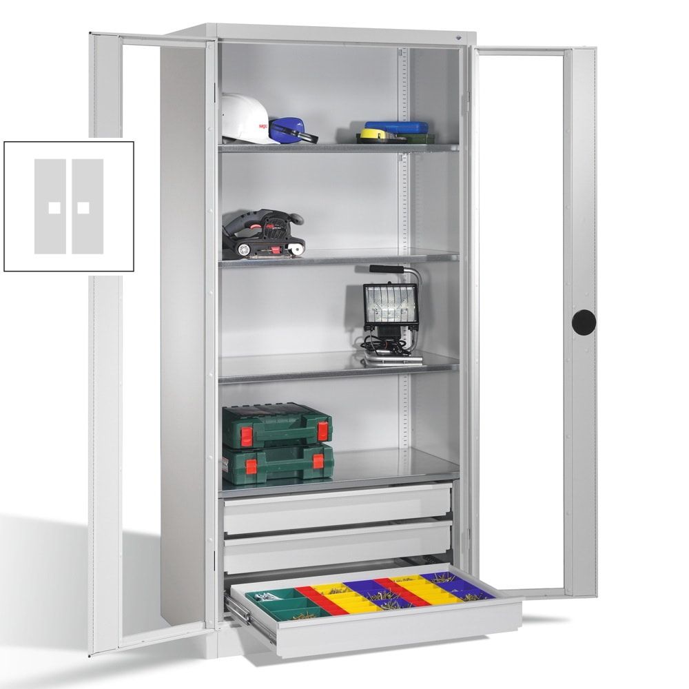 C+P Großraum Werkzeugschrank, Sichtfenstertüren, 4 Fachböden, 3 Schubladen unten, Farbe lichtgrau, 1.950 x 1.200 x 500 (HxBxT)