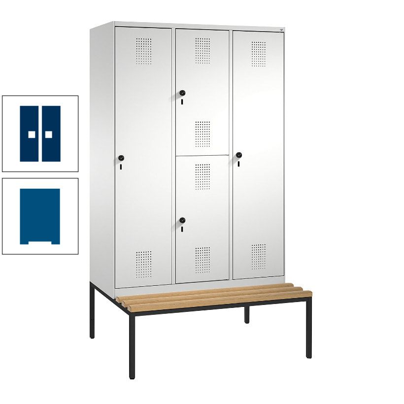 Garderobenschrank, Spind ein- und doppelstöckig Sitzbank, 3 Abteile, 4 Fächer, 2.090x1.200x500 mm (HxBxT), Front anthrazitgrau, Korpus anthrazitgrau
