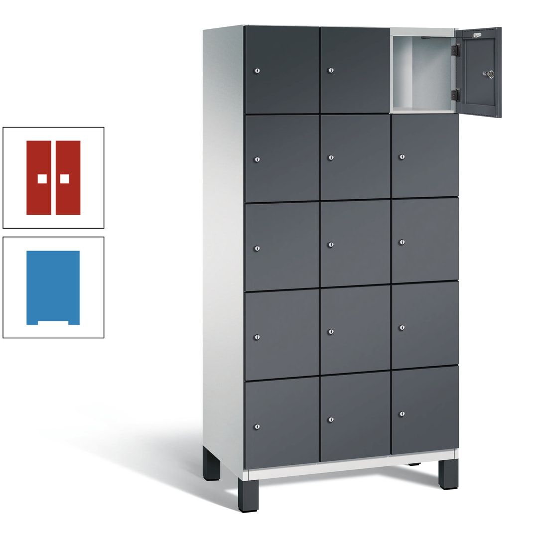 Fächerschrank, Stahlschrank, 15 Fächer, Türöffnungsbegrenzer, Füße, 1.980 x 900 x 525 mm (HxBxT), Korpus anthrazitgrau, Front anthrazitgrau