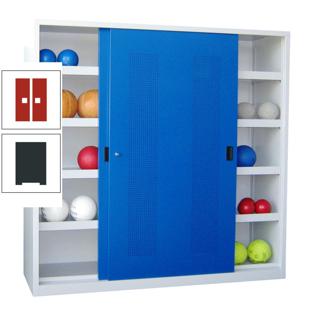 Ballschrank - Schiebetüren mit Lochfeld - Trennwand - 8 Böden - 1.950x2.000x600 mm (HxBxT) - anthrazitgrau