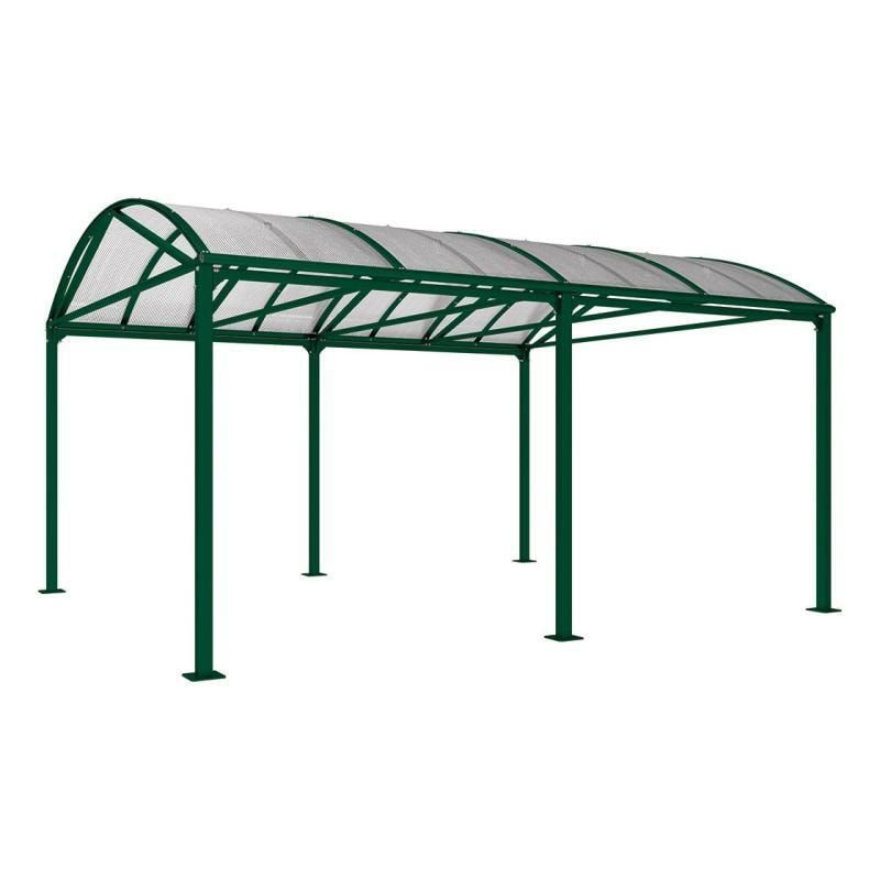 Fahrradunterstand, Fahrradüberdachung, Unterstand, Grundmodell, 10 Zweiräder, Regenrinne, 3.010 x 5.000 x 4.160 mm (HxBxT), Farbe enzianblau
