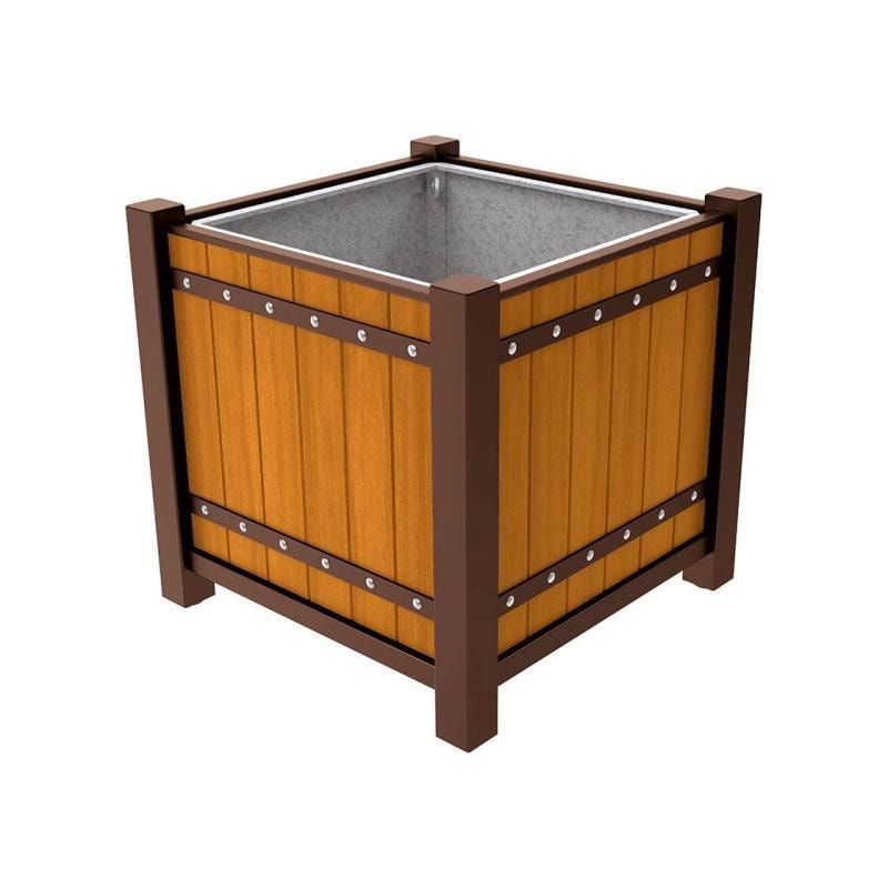 Pflanzbehälter, Pflanzgefäß, verzinkt, Eichenholzverkleidung, innen feuerverzinkt mit Verladungsgriffen, 960 x 1.060 x 1.060 mm (HxBxT), enzianblau