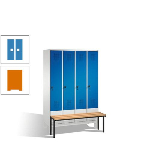 Stahl-Garderobenschrank, Spind, Buche Sitzbank vorgebaut, 4 Abteile a 300 mm, Korpus Lichtgrün, Tür Schwefelgelb, 1.850 x 1.200 x 815 mm (HxBxT)