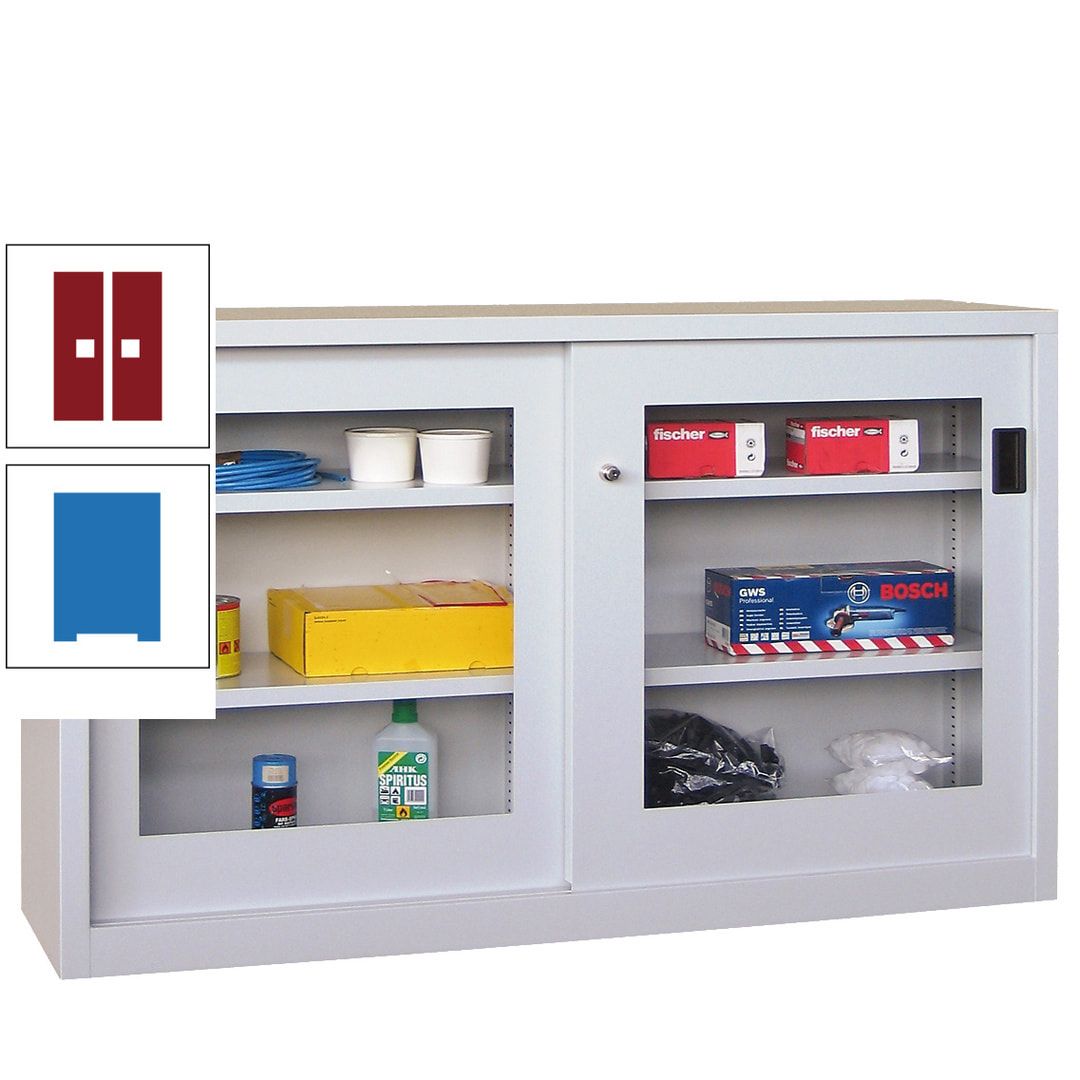 Schiebetürenschrank - Sichtfenstertüren - 1.000x1.500x600 mm (HxBxT) - 4 Böden, verzinkt - Zylinderschloss - anthrazitgrau