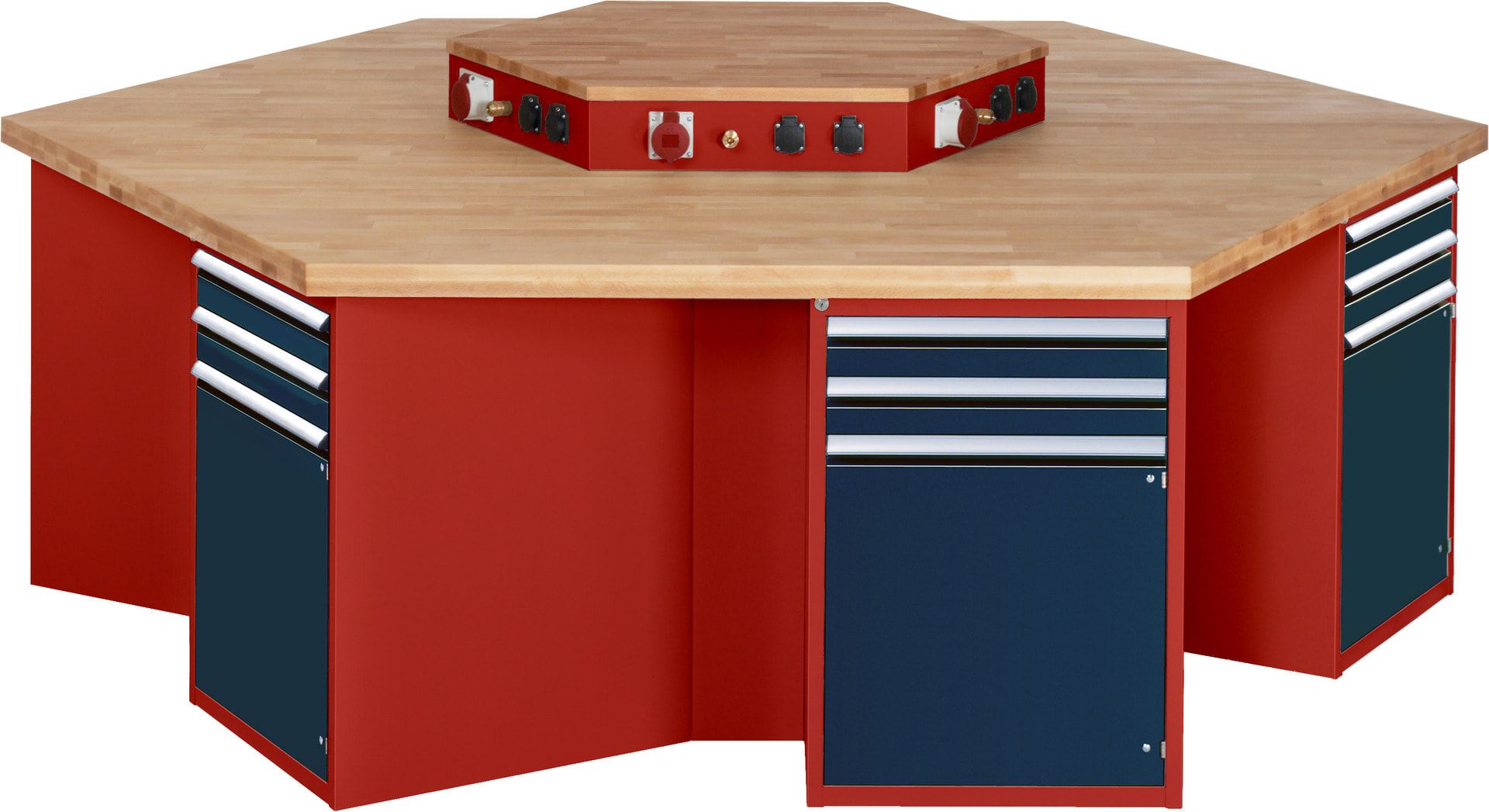 Gruppenwerkbank, Buche, Höhe 840 mm, mit Energieaufsatz, Unterbau-Container, 2 Schubladen, 1 Tür, 1 Boden - Anthrazitgrau